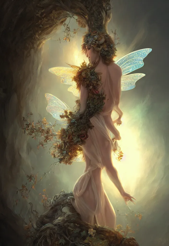 Prompt: a picture of a fairy, elegant, epic, detailed, intricate, digital painting, concept art, realistic, smooth, focus, rim light