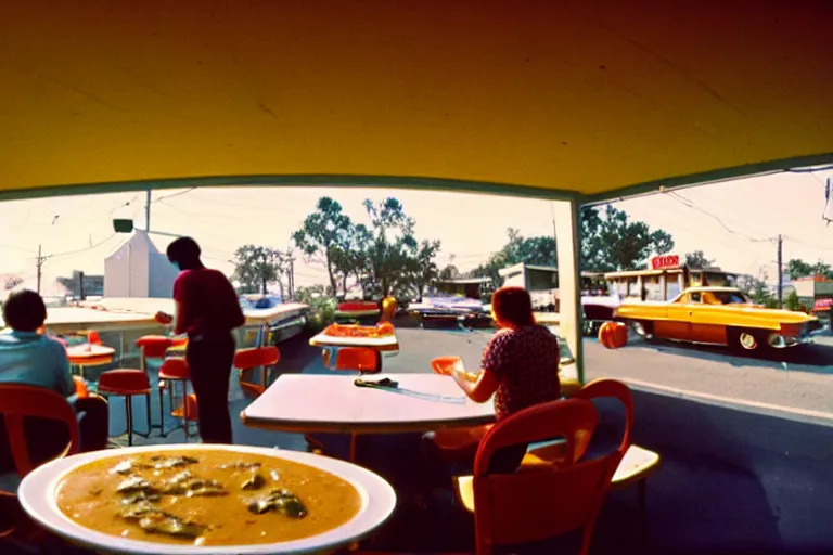 Prompt: 1 9 7 5 gumbo, people sitting at tables, googie architecture, two point perspective, americana, cooking photography, hd 4 k, taken by alex webb