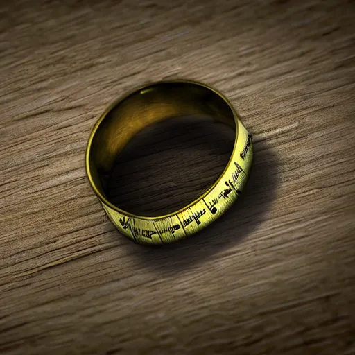 Image similar to the ring from lord if the rings with an imprinted ruler, cm scale imprinted on the inside of the ring, one ring to rule them all, highly detailed, 8 k, trending on artstation, mystic, rpg artwork