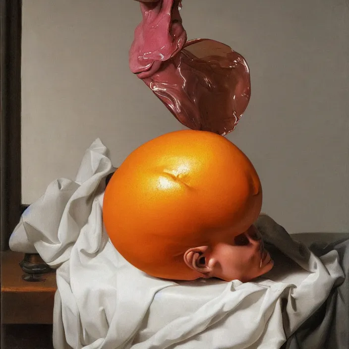 Prompt: still life painting of a melting glossy pink mannequin head, by pieter claesz, oil on canvas, strong lighting, highly detailed, peeled orange, dragon fruit, hyper realism, golden hour, god rays, hd, 4 k