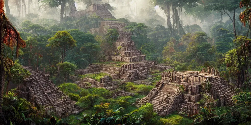 Image similar to fantasy painting of aztec ruins in a vast jungle, intricate abstract. delicate artwork. by tooth wu, wlop, beeple, dan mumford. octane render, trending on artstation, greg rutkowski very coherent symmetrical artwork. cinematic, hyper realism, high detail, octane render, 8 k, depth of field, bokeh. chrome accents.