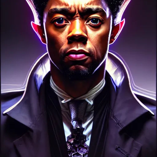 Image similar to portrait painting of a cyberpunk corporate boss elven chadwick boseman, ultra realistic, concept art, intricate details, eerie, highly detailed, photorealistic, octane render, 8 k, unreal engine. art by artgerm and greg rutkowski and charlie bowater and magali villeneuve and alphonse mucha