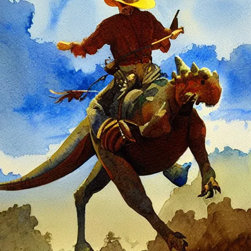 Image similar to a watercolor painting of a cowboy riding a dinosaur in the style of n. c. wyeth and in the style of james gurney.