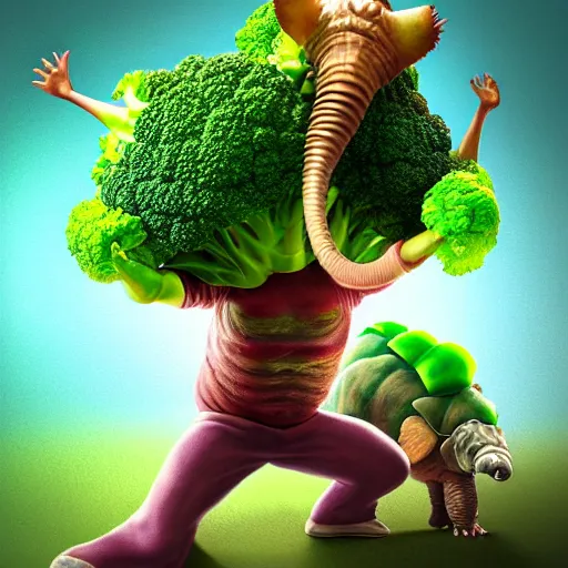 Prompt: A hyper real comic book style portait painting of a cute broccoli man dancing salsa with a cute armadillo, unreal 5, hyperrealistic, octane render, cosplay, RPG portrait, dynamic lighting