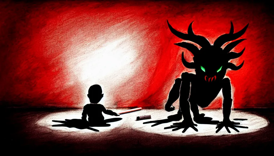 Image similar to a red horned shadow monster crouching down, observing a child drawing with crayons on pieces of paper scatter over the floor of an empty room, digital art, dark fantasy, concept art