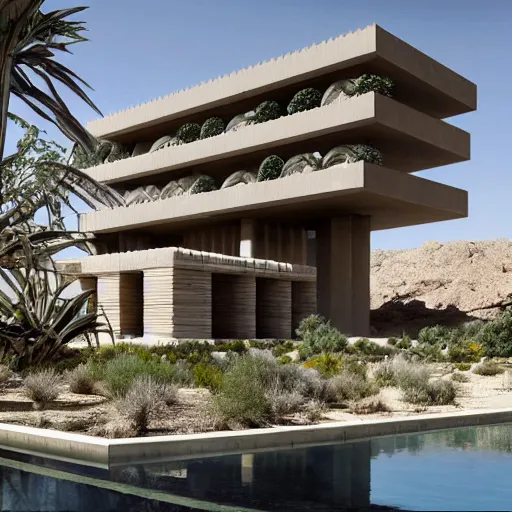 Image similar to brutalism conceptual hotel in the desert, biophilia mood, pool, garden, highly detailed, cinematic, photorealistic,