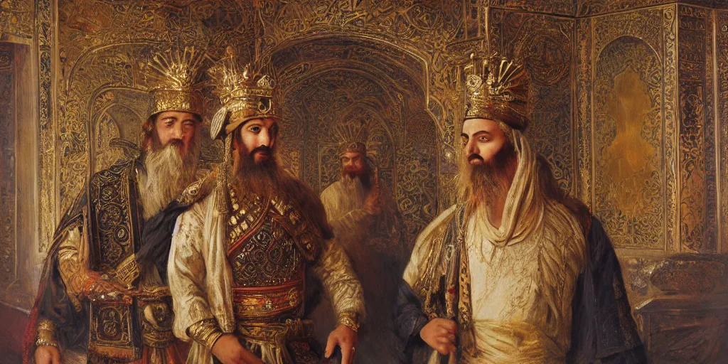 Image similar to Highly detailed and cinematic romantic period oil painting of the Persian king Cyrus the great, strong atmosphere, oil painting masterpiece by Josep Tapiró Baró, symmetry, fractals