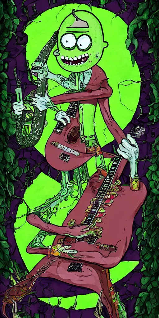 Image similar to Pickle Rick playing a gothic guitar, highly detailed in 4k