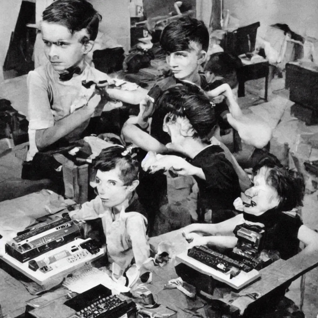 Prompt: A boy and a girl works with commodore 64 in the style of robert doisneau 1930