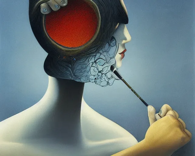 Prompt: blind realization of self, an ultrafine detailed painting by rafal olbinski, behance contest winner, pop surrealism, detailed painting, very detailed, minimalist, skeuomorphic, airbrush art