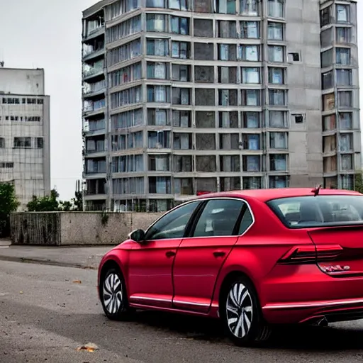 Prompt: red volkswagen passat parked in warsaw, few rubbish bins visible and a base of post - communist apartment complex in the background, the year is 2 0 2 1, award winning photo