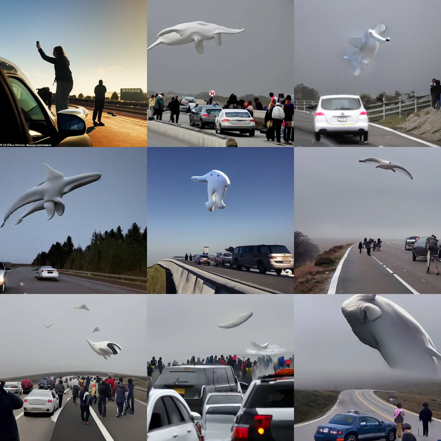 Prompt: people stopping and getting out of their cars on a highway to look up at the enormous white whale flying through the sky. many of the people are recording it on their phone. a figure of an gigantic, monstrous, white whale can be seen soaring through the sky above them, the whale is a bit foggy because it far in the sky.