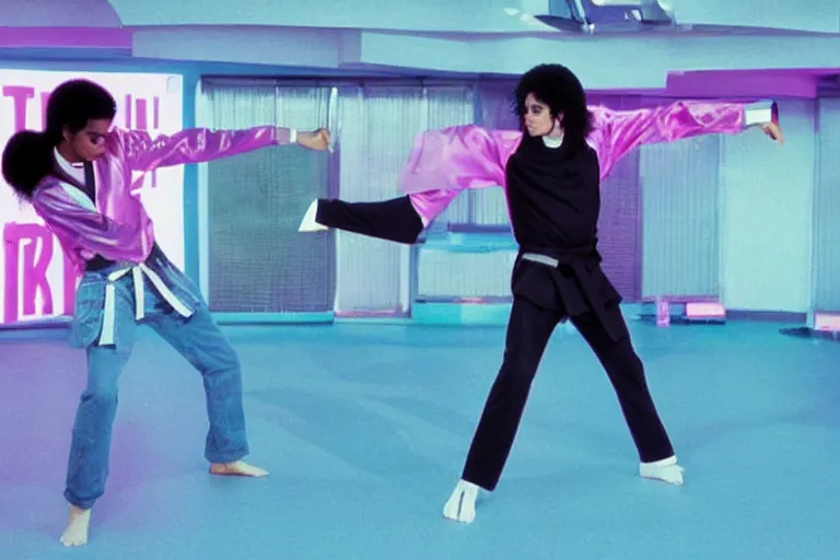 Image similar to Michael Jackson does karate moves in a aesthetic vaporwave outrun futuristic background