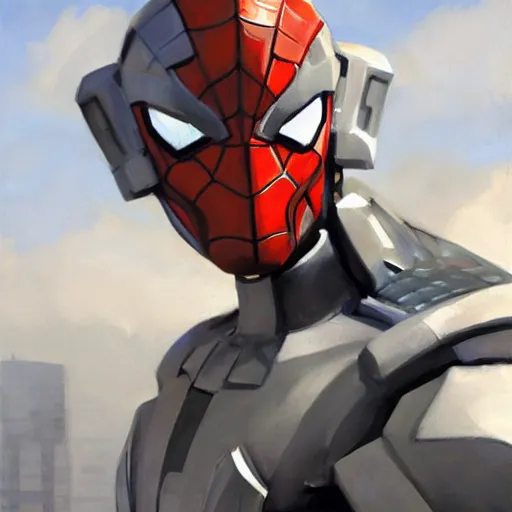 Image similar to greg manchess portrait painting of armored spiderman ultraman grey fox from metal gear cyborg gay japanese - american hybrid as overwatch character, medium shot, asymmetrical, profile picture, organic painting, sunny day, matte painting, bold shapes, hard edges, street art, trending on artstation, by huang guangjian and ail elvgren and sachin teng