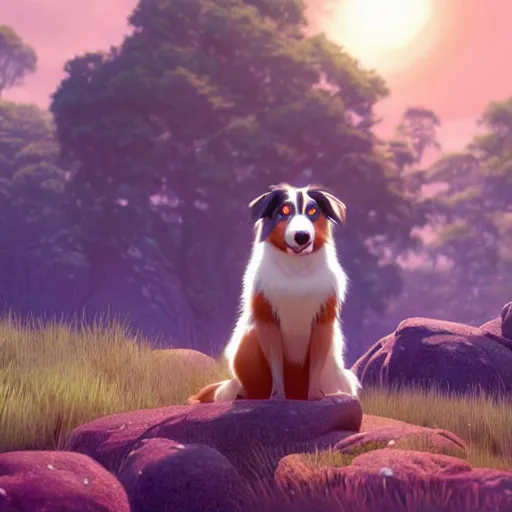 Image similar to a wholesome animation key shot of an australian shepherd, studio ghibli, pixar and disney animation, sharp, rendered in unreal engine 5, anime key art by greg rutkowski, bloom, dramatic lighting