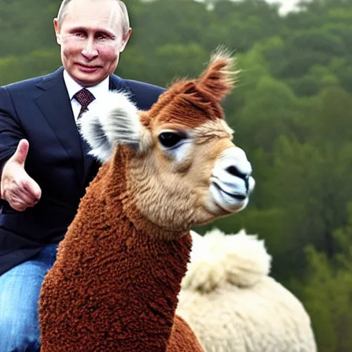 Image similar to vladimir putin riding a cute alpaca, epic shot