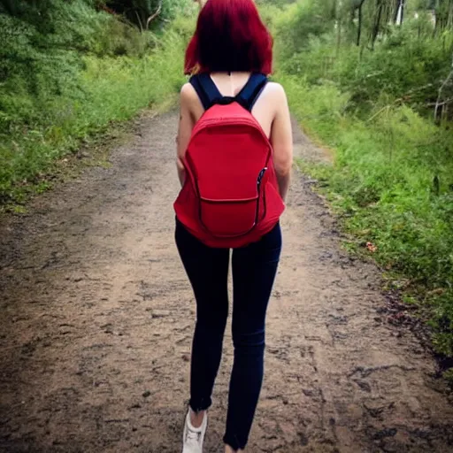 Prompt: photograph of a beautiful woman with straight red hair from the back wearing a backpack