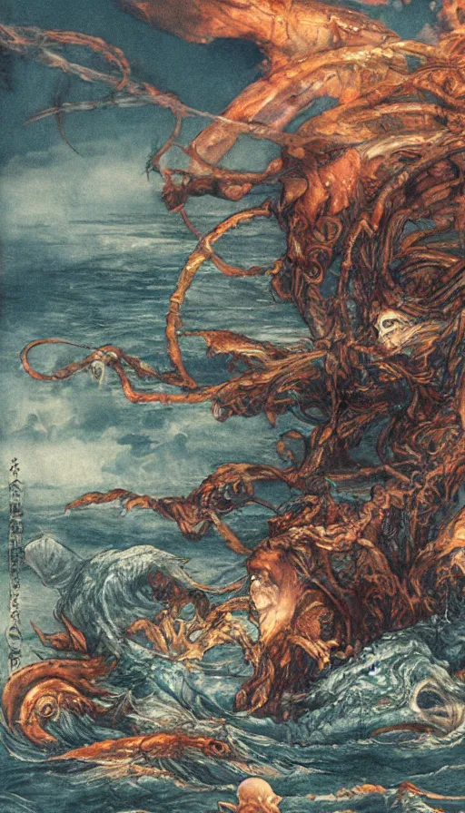 Prompt: man on boat crossing a body of water in hell with creatures in the water, sea of souls, by yoshitaka amano,