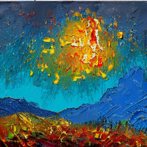 Image similar to oil paint impasto relief, austrian blue mountain with fireworks, multi layered thick brush marks, some splattered paint, in the style of van gogh and redon