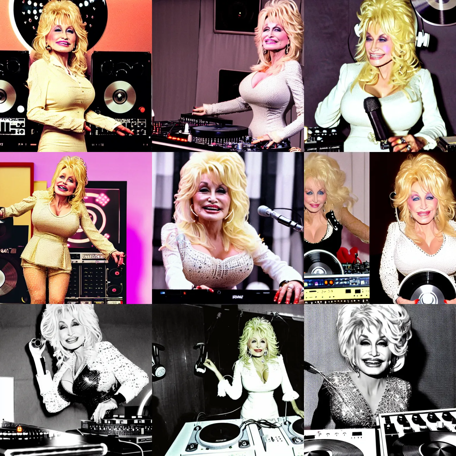 Prompt: dolly parton wearing headphones DJing with DJ turntables, photoreal