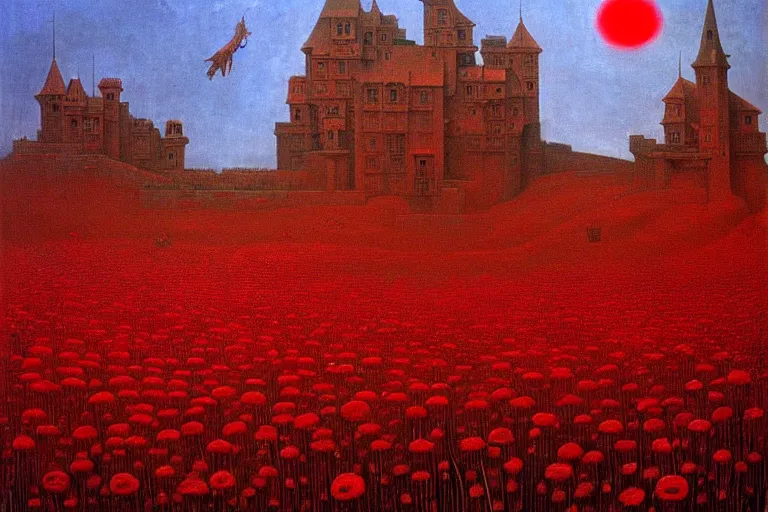 Image similar to only with red, red flowers of different types, a red tiger, a castle in the background, medieval demons dance over the flowers, an ancient path, in the style of beksinski, part by hopper, part by rodcenko, part by hofbauer, intricate composition, red by caravaggio, insanely quality, highly detailed, masterpiece, red light, artstation