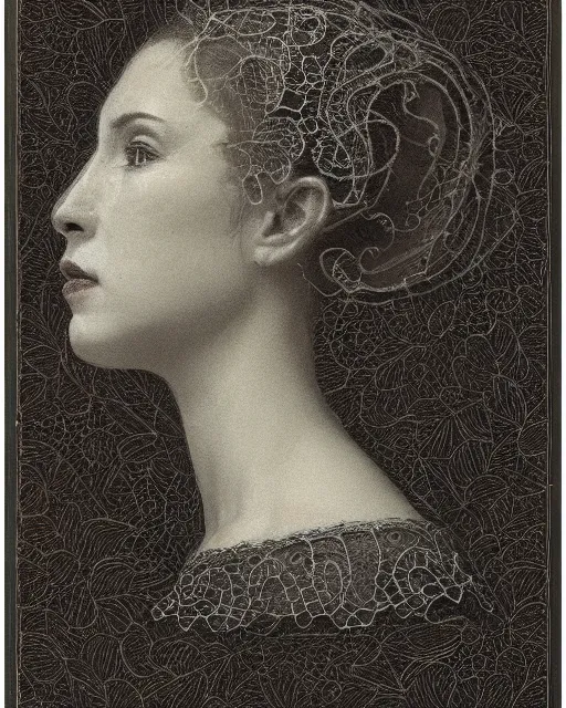 Prompt: a woman's face in profile, made of intricate decorative lace leaf, in the style of the dutch masters and gregory crewdson, dark and moody