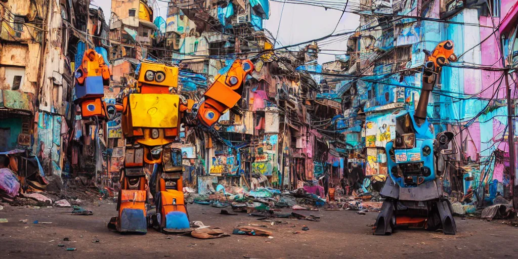 Prompt: colourful - damaged - giant mecha ROBOT of neon lit AJEGUNLE SLUM in Lagos, markings on robot, Golden Hour,