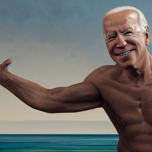 Image similar to hyperrealistic mixed media high resolution painting of a Joe Biden posing on a beach wearing a bikini, body of old man, stunning 3d render inspired art by István Sándorfi and Greg Rutkowski and Unreal Engine, perfect symmetry, dim volumetric lighting, 8k octane beautifully detailed render, post-processing, extremely hyper-detailed, intricate, epic composition, highly detailed attributes, highly detailed atmosphere, cinematic lighting, masterpiece, trending on artstation, very very detailed, masterpiece, stunning, flawless structure, lifelike texture, perfection,