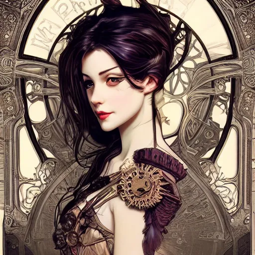 Image similar to a photograpic portrait of a pretty woman, steampunk, fantasy, intricate, elegant, highly detailed, digital painting, artstation, concept art, smooth, sharp focus, illustration, art by artgerm and H R Giger and alphonse mucha