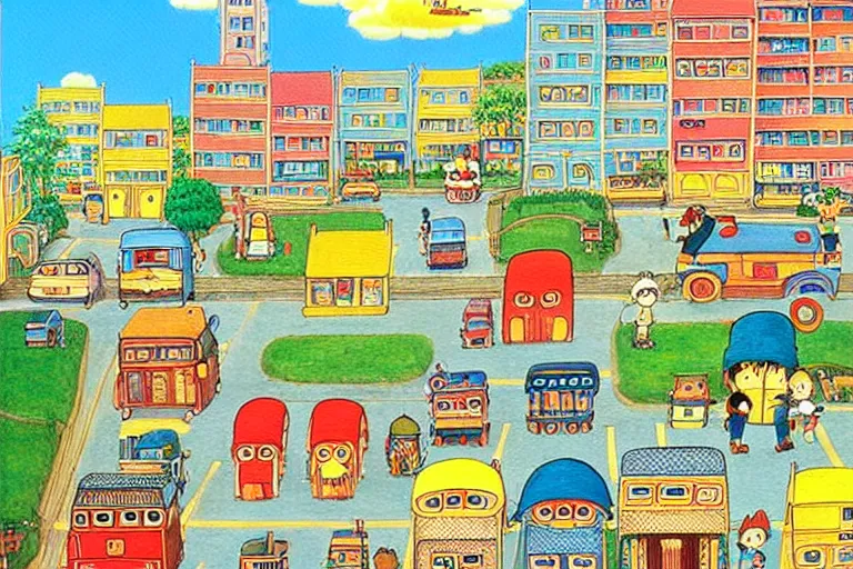Image similar to an elaborate painting of a peaceful neighborhood, detailed, penned illustrations, by richard scarry and studio ghibli!!!!!!!!!!!