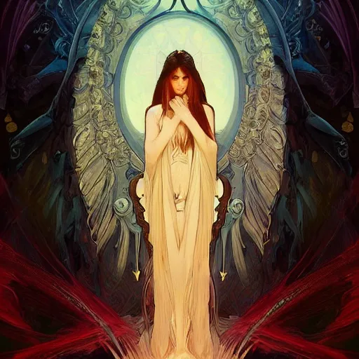 Image similar to A portrait of A beautiful!!!! angel in black flames by Ross Tran!! and alphonse mucha and greg rutkowski and Zdzisław Beksiński!!,In style of digital art illustration.Symmetry.Beautiful features.Fantasy,smooth,hyper detailed,sharp focus,Soft light.trending on artstation.4k