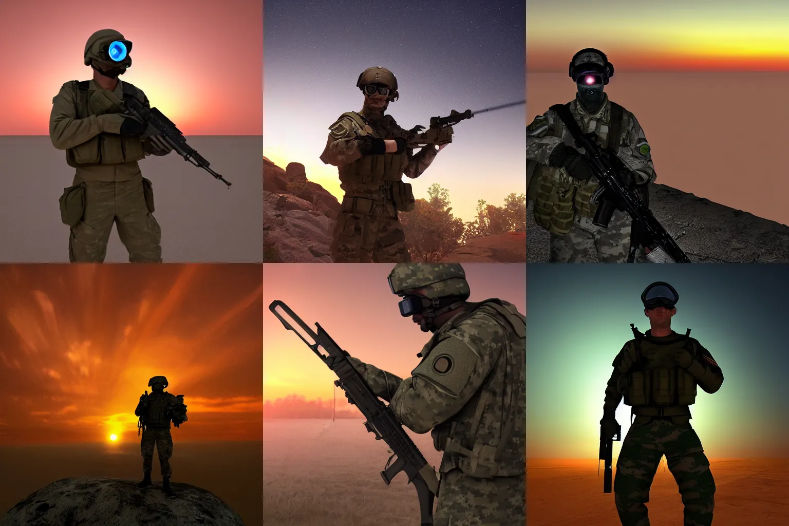 Prompt: A modern soldier with night vision goggles in an extreme pose during sunset, digital art, unreal engine, artistic