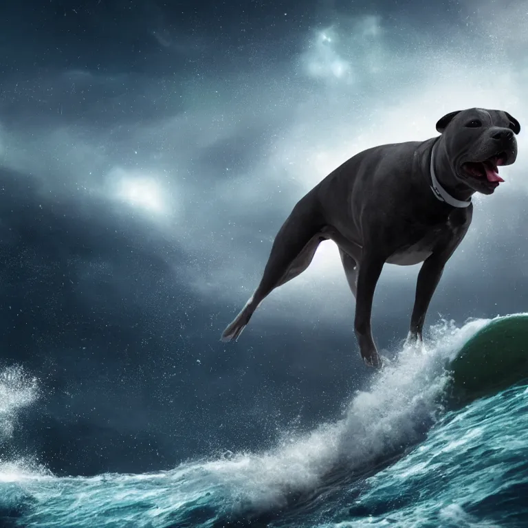 Image similar to photo of a dark gray coat pit bull with a white paws and a white nose!, surfing on a surfboard in a crashing wave of alien galaxy, trending on art station, ocean in space, background is an alien galaxy, aliens in the background, alien colors, octane render, unreal engine, wide view, 8 k, highly detailed