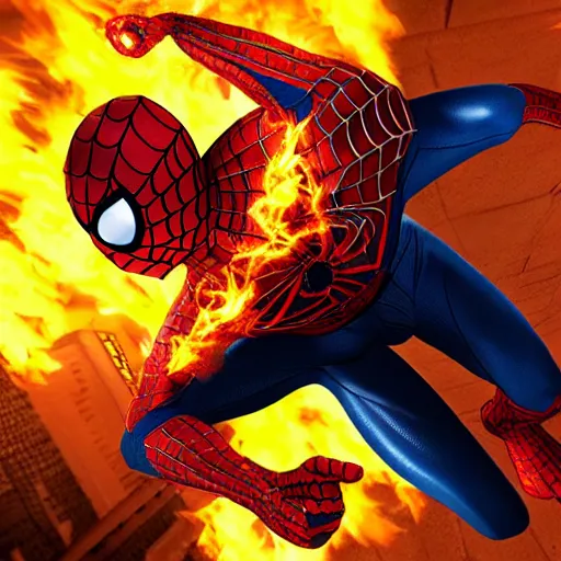 Image similar to spider - man as ghost rider, flaming skull, cgi style