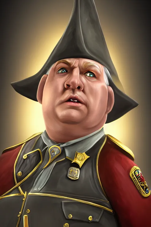 Image similar to fat high elf mall cop with a sheriff's badge, they are shifty and incompetent, Oil Painting, hyperrealistic, Detailed Digital Art, RPG portrait, 3/4 bust, dynamic lighting, Highly Detailed, Cinematic Lighting, 8k, HD