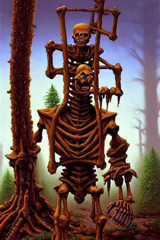 Prompt: classic oil painting, a golem made of sloppy clay, as a dnd character, standing next to a skeleton in the forest, cottagecore, highly detailed, digital illustration, concept art, smooth, sharp focus, art by tim hildebrandt, and greg hildebrandt