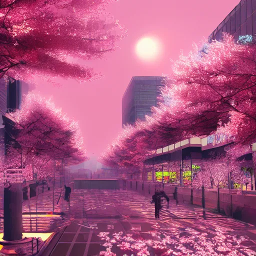 Prompt: cherry blossoms in cyberpunk Tokyo, digital art, artstation, 8k