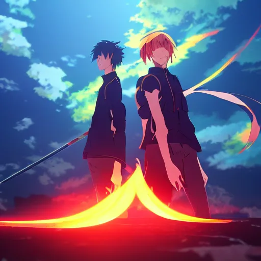 Prompt: sword made of fire in the style of Makoto Shinkai, anime, colorful, beautiful, 4k