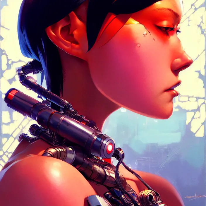 Image similar to side portrait of cyborg girl | | audrey plaza, fine detail!! anime!! realistic shaded lighting!! poster by ilya kuvshinov katsuhiro otomo ghost - in - the - shell, magali villeneuve, artgerm, jeremy lipkin and michael garmash and rob rey