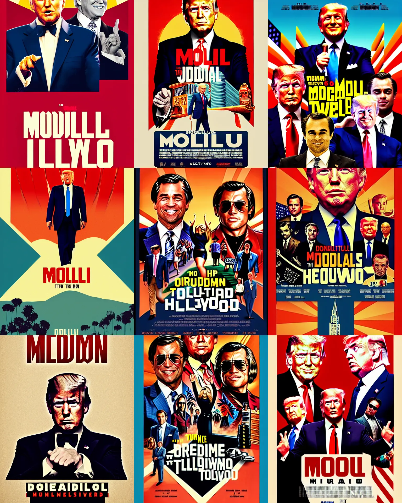 Prompt: mogul, joe biden, donald trump, vibrant movie poster, style of once upon a time in hollywood, directed by quentin tarantino, minimalist, trending on artstation