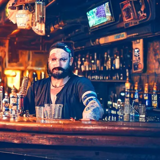 Image similar to high quality portrait of a pirate bartender in a cyberpunk cyberpunk cyberpunk cafe, realism, 8k, award winning photo