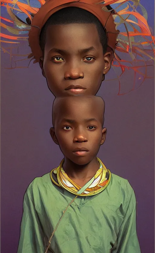 Image similar to colourful upper half portrait of an african boy, art by hsiao - ron cheng & alphonse mucha, highly detailed, digital painting, ray tracing, concept art, illustration, smooth sharp focus, intricate, symmetry, artstation,