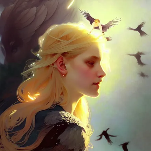 Prompt: An angelic girl with blonde hair and glowing halo surrounded by crows, fantasy, intricate, elegant, highly detailed, digital painting, artstation, concept art, smooth, sharp focus, illustration, art by Krenz Cushart and Artem Demura and alphonse mucha