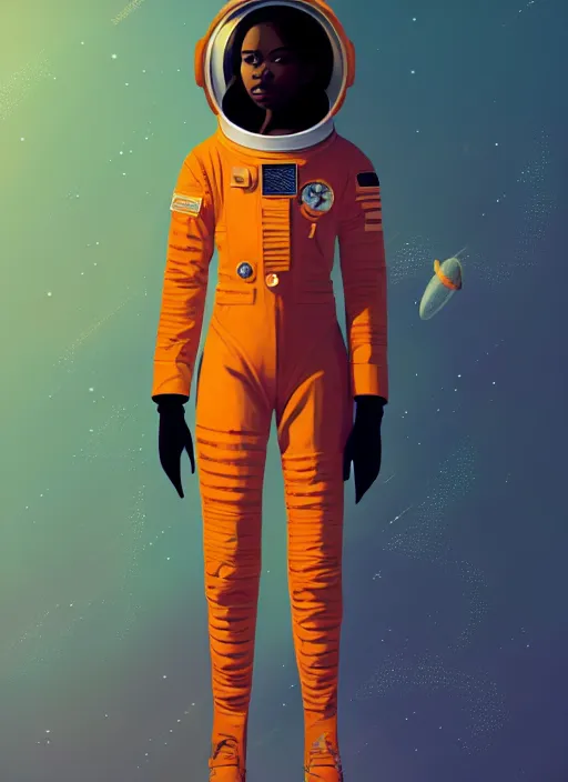 Image similar to full body portrait of young black woman as an astronaut, orange space jumpsuit, intricate, beautiful and elegant, highly detailed, digital painting, artstation, concept art, smooth, sharp focus, illustration, art by wlop, mars ravelo and greg rutkowski