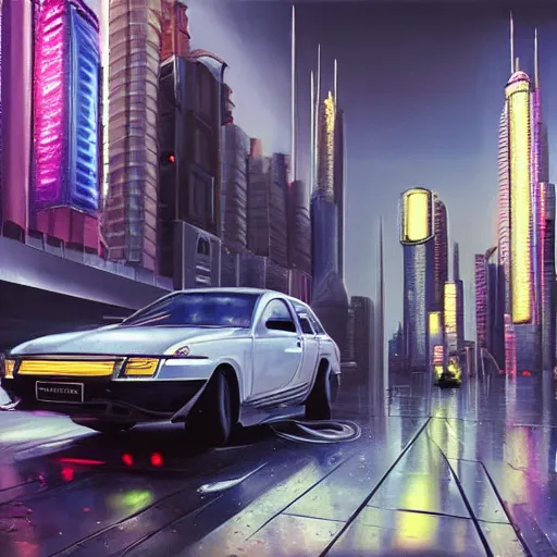 Prompt: flying futuristic taxis in cyberpunk city, hyperrealism oil painting