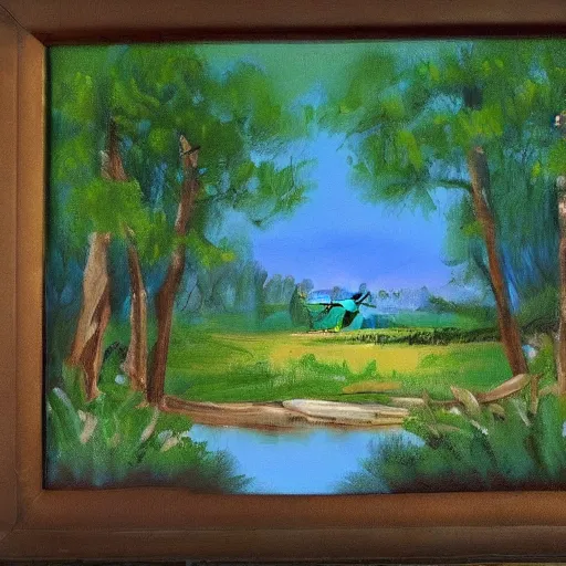 Prompt: a painting of a cottage in the woods by Bob ross