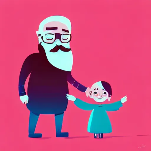 Image similar to curled perspective digital art of a cute smiling beard grandpa cartoon character with baby girl by anton fadeev