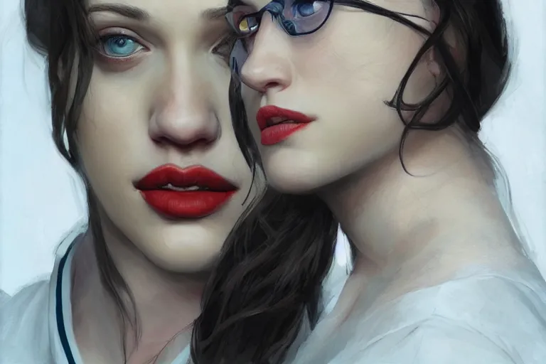 Image similar to A portrait of a Kat Dennings in a low cut outfit as a seductive nurse in a hospital by Ruan Jia and Mandy Jurgens and Artgerm and william-adolphe bouguerea, highly detailed, trending on artstation, award winning, H 768