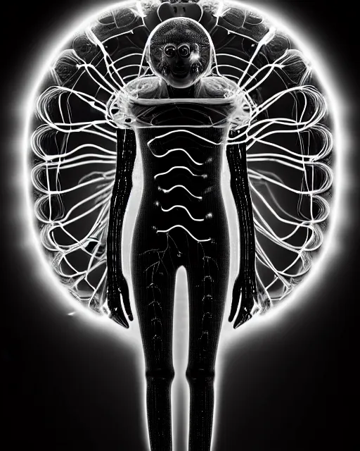 Image similar to black and white young cyborg-human-jellyfish-plant goddess high quality photo, microchip, artificial intelligence, bio-mechanical bio-luminescence, black wired cables, neurons, nerve cells, octane render, cinematic, rim light, hyper realism, photo-realistic, high detail, 8k, masterpiece, high fashion, in the style of Steven Meisel and Dora Maar and H.G. Giger