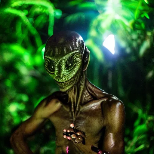 Prompt: an amatir photo capturing alien on jungle at night, candid